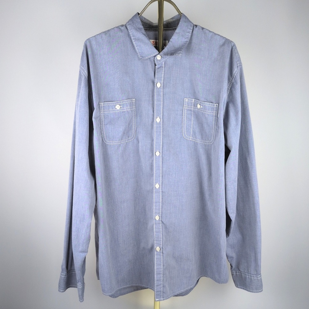 Michael Brandon Men XXL Button Down Blue Long Sleeve Contrast Stitch Utility